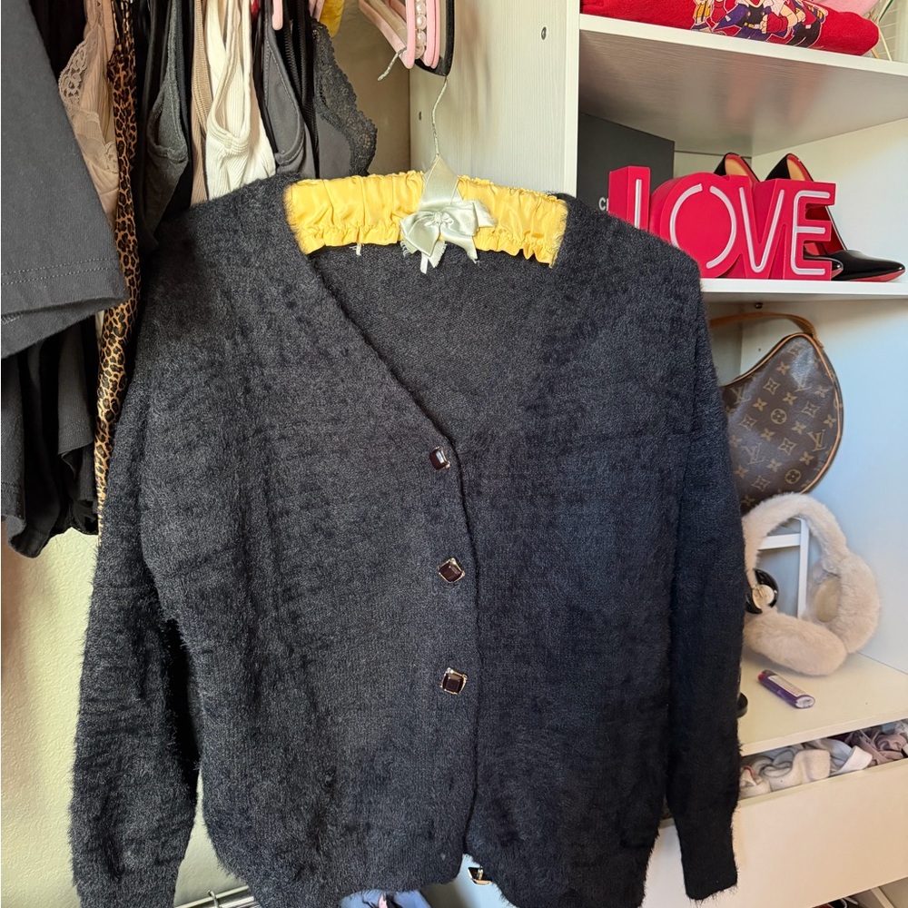 Black Fuzzy Cardigan with Button Closure